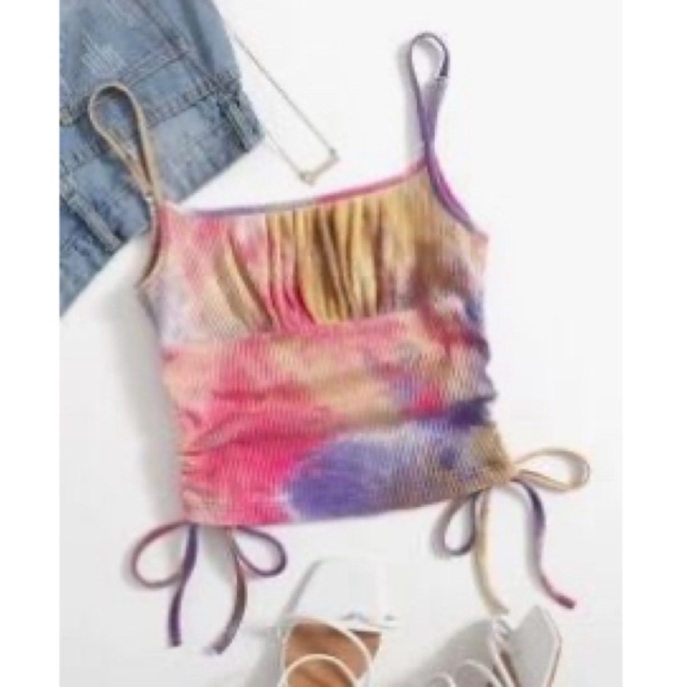 Tie Dye Drawstring Ruched Side Crop Cami Top Size Small